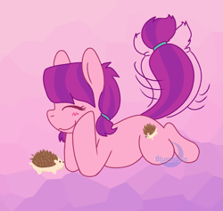 Size: 1309x1242 | Tagged: safe, artist:bluemoon, imported from derpibooru, lily longsocks, earth pony, hedgehog, pony, adorasocks, animal, background pony, behaving like a dog, cute, eyes closed, female, filly, foal, happy, lilydorable, smiling, solo, tail, tail wag