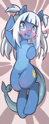 Size: 500x1250 | Tagged: safe, artist:renpcarts, imported from derpibooru, oc, original species, pony, semi-anthro, shark, shark pony, blushing, body pillow, body pillow design, fish tail, gawr gura, heart eyes, hololive, hololive eng, knee blush, looking at you, lying down, on back, pale belly, pigtails, ponified, sharp teeth, tail, teeth, twintails, vtuber, wingding eyes