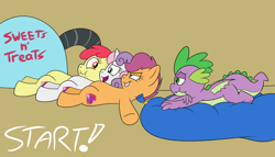 Size: 3760x2149 | Tagged: safe, artist:rupertbluefox, imported from derpibooru, apple bloom, scootaloo, spike, sweetie belle, dragon, series:cmc: big belly blowout!, container, crusadespike, cutie mark crusaders, fat, fat fetish, female, fetish, incentive drive, lying down, male, mare, on back, pillow, polyamory, prone, scootaspike, shipping, spikebelle, spikebloom, straight, this will end in weight gain, weight gain sequence, winged spike, wings