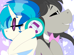 Size: 1995x1500 | Tagged: safe, artist:dsstoner, imported from derpibooru, dj pon-3, octavia melody, vinyl scratch, earth pony, pony, unicorn, bowtie, bust, clothes, curved horn, duo, duo female, eyes closed, female, grin, headphones, horn, implied lesbian, implied shipping, listen, listen to music, listening, listening to music, mare, music, portrait, scratchtavia, shared headphones, sharing headphones, shipping, smiling