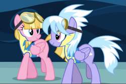 Size: 1019x679 | Tagged: safe, imported from derpibooru, screencap, cloudchaser, meadow flower, wonderbolts academy, clothes, cropped, duo, duo female, duo focus, female, looking at each other, looking at someone, ponies standing next to each other, uniform, walking, wonderbolt trainee uniform