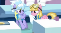 Size: 860x469 | Tagged: safe, imported from derpibooru, screencap, cloudchaser, meadow flower, pegasus, pony, wonderbolts academy, background characters doing background things, clothes, cropped, duo, duo focus, female, goggles, uniform, walking, wonderbolt trainee uniform