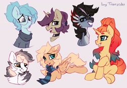 Size: 3600x2500 | Tagged: safe, artist:taneysha, imported from derpibooru, oc, oc only, oc:keji, oc:lavrushka, oc:mirta whoowlms, oc:sheron, oc:whispy slippers, earth pony, pegasus, pony, unicorn, bust, simple background