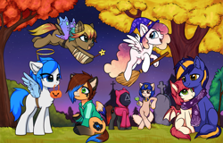 Size: 3415x2188 | Tagged: safe, artist:megabait, imported from derpibooru, oc, oc:airi, oc:megabait, oc:vajr, bat, pony, ankha, dalgona, female, grave, group, halloween, holiday, male, night, oc x oc, pink guard (squid game), pumpkin, shipping, squid game, straight, tree, vairi, witch