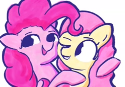 Size: 2388x1668 | Tagged: safe, artist:solid shrimp, imported from derpibooru, fluttershy, pinkie pie, earth pony, pegasus, pony, cheek to cheek, duo, duo female, female, grin, hug, one eye closed, open mouth, open smile, smiling