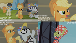 Size: 1280x720 | Tagged: safe, edit, edited screencap, editor:quoterific, imported from derpibooru, screencap, applejack, granny smith, long shot, press pass, press release (character), silver shill, snappy scoop, earth pony, pony, leap of faith, season 4, applejack's hat, camera, cowboy hat, female, hat, male, mare, open mouth, open smile, smiling, stallion