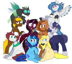 Size: 2520x2248 | Tagged: safe, artist:2k.bugbytes, imported from derpibooru, gabby, oc, oc only, oc:acres, oc:annabelle (zizzydizzymc), oc:cotton coax, oc:delta dart, oc:heart drive, oc:sapphire soulfire, oc:sign, oc:violet evergard, oc:yvette (evan555alpha), changeling, earth pony, hippogriff, hybrid, pony, undead, unicorn, vampire, vampony, bipedal, bipedal leaning, blonde, blonde mane, blonde tail, blue eyes, business suit, clothed ponies, clothes, coat markings, commission, ear piercing, female, floppy disk, flying, glasses, green changeling, green eyes, group, leaning, looking at you, male, mascot, missing cutie mark, mouth hold, open mouth, piercing, plushie, ponybooru, ponybooru mascot, red eyes, scarf, simple background, sitting, smiling, socks, socks (coat markings), standing, tail, tongue out, transparent background, umbrella
