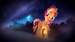 Size: 1280x720 | Tagged: safe, artist:nebby14, imported from derpibooru, sunset shimmer, butterfly, pony, unicorn, equestria girls, 3d, 4k, 4k resolution, beautiful, female, forest, glowing, grass, happy, lantern, mare, night, open mouth, open smile, poster, raised hoof, smiling, source filmmaker, stars, sweet dreams fuel, wallpaper