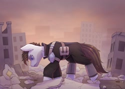 Size: 2048x1448 | Tagged: safe, artist:dandy, imported from derpibooru, oc, oc only, earth pony, pony, blue eyes, building, clothes, digital art, earth pony oc, giant pony, gray coat, looking down, macro, male, pouch, raffle prize, rubble, ruins, solo, stallion, street sign