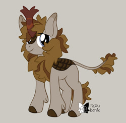 Size: 1280x1249 | Tagged: safe, artist:razu-berrie, imported from derpibooru, oc, oc only, kirin, eyebrows, eyebrows visible through hair, gray background, kirin oc, simple background, smiling, solo, standing, tail, watermark