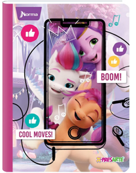 Size: 782x1000 | Tagged: safe, imported from derpibooru, pipp petals, sunny starscout, zipp storm, earth pony, pegasus, pony, 2d, 3d, colombia, confident, copybook, crown, design, drawn on, earbuds, female, g5, happy, jewelry, melody note, merchandise, my little pony: a new generation, official, photo, regalia, siblings, sisters, thumbs up