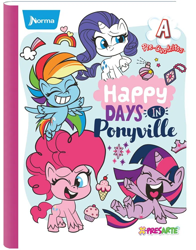 Size: 782x1000 | Tagged: safe, imported from derpibooru, pinkie pie, rainbow dash, rarity, twilight sparkle, alicorn, earth pony, pegasus, pony, unicorn, my little pony: pony life, 2d, colombia, copybook, cupcake, food, g4.5, happy, heart, ice cream, laughing, looking at you, merchandise, norma, official, one eye closed, rainbow, smiling, thinking, twilight sparkle (alicorn), unsure, wink, winking at you