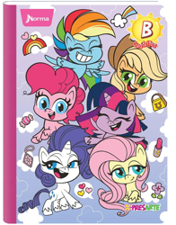 Size: 782x1000 | Tagged: safe, imported from derpibooru, applejack, fluttershy, pinkie pie, rainbow dash, rarity, twilight sparkle, alicorn, earth pony, pegasus, pony, my little pony: pony life, 2d, candy, cloud, colombia, confident, copybook, design, flower, flying, food, g4.5, happy, heart, mane six, merchandise, norma, official, rainbow, shy, smiling, twilight sparkle (alicorn), x-presarte