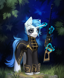Size: 2069x2500 | Tagged: safe, artist:inowiseei, imported from derpibooru, oc, pony, robot, robot pony, unicorn, clothes, magic, solo, weapon