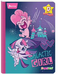 Size: 782x1000 | Tagged: safe, imported from derpibooru, pinkie pie, twilight sparkle, alicorn, earth pony, pony, my little pony: pony life, 2d, castle, colombia, copybook, design, flying, g4.5, happy, jumping, looking at you, merchandise, norma, official, one eye closed, stars, twilight sparkle (alicorn), wink, winking at you, x-presarte