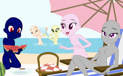 Size: 1680x1050 | Tagged: safe, artist:darkplayerferraz269, imported from derpibooru, human, equestria girls, base, basket, beach, beach chair, beach umbrella, chair, eating, food, ocean, open mouth, relaxed, relaxing, splash, splashing, umbrella, water, watermelon