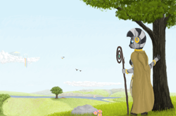 Size: 2004x1330 | Tagged: safe, artist:xodok, imported from derpibooru, zecora, anthro, series:ponyashnost, clothes, cloud, cloudsdale, field, flower, forest, jewelry, mountain, river, scenery, solo, staff, stone, tree, water