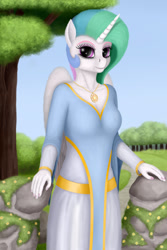 Size: 1200x1800 | Tagged: safe, artist:xodok, imported from derpibooru, princess celestia, alicorn, anthro, series:ponyashnost, clothes, dress, fence, flower, forest, horn, jewelry, looking at you, smiling, stone, trail, tree, wings