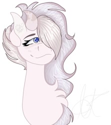 Size: 1335x1500 | Tagged: safe, artist:teonnakatztkgs, imported from derpibooru, oc, oc only, pony, chest fluff, eyelashes, hair over one eye, horns, signature, simple background, solo, white background