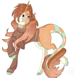 Size: 1500x1500 | Tagged: safe, artist:teonnakatztkgs, imported from derpibooru, oc, oc only, pony, unicorn, clothes, horn, looking back, raised hoof, simple background, solo, unicorn oc, white background