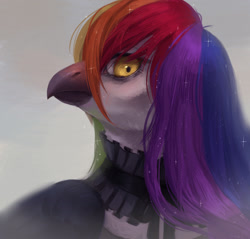 Size: 1280x1222 | Tagged: safe, artist:inarimayer, imported from derpibooru, oc, oc only, griffon, bust, choker, eyelashes, griffon oc, multicolored hair, rainbow hair, solo