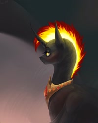 Size: 1728x2160 | Tagged: safe, artist:inarimayer, imported from derpibooru, oc, oc only, alicorn, pony, alicorn oc, bust, horn, mane of fire, peytral, solo, wings