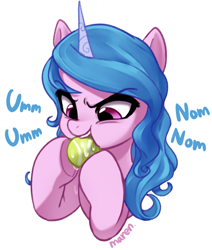 Size: 1788x2108 | Tagged: safe, artist:maren, imported from derpibooru, izzy moonbow, pony, unicorn, ball, behaving like a dog, cute, drool, eating, eyebrows, eyebrows visible through hair, female, g5, izzy's tennis ball, izzybetes, mare, my little pony: a new generation, nom, silly, silly pony, simple background, solo, tennis ball, that pony sure does love tennis balls, white background