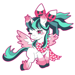 Size: 840x840 | Tagged: safe, artist:sappyscarfy, imported from derpibooru, oc, oc only, oc:scarfy, alicorn, pony, alicorn oc, bowtie, clothes, colored wings, female, flying, hoof fluff, horn, multicolored hair, multicolored mane, multicolored wings, one eye closed, scarf, simple background, smiling, solo, spread wings, white background, wings, wink