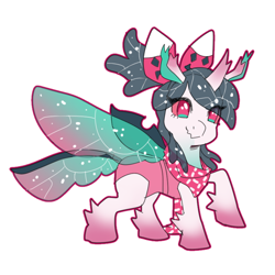 Size: 840x840 | Tagged: safe, artist:sappyscarfy, imported from derpibooru, oc, oc only, oc:scarfy, changeling, changeling queen, insect, changeling oc, changeling queen oc, changeling wings, clothes, eye clipping through hair, female, horn, raised hoof, scarf, simple background, smiling, solo, sparkles, spread wings, transformation, transparent wings, white background, wings