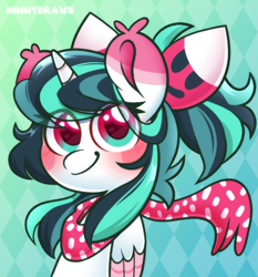 Size: 2180x2336 | Tagged: safe, artist:ninnydraws, imported from derpibooru, oc, oc only, oc:scarfy, alicorn, pony, abstract background, alicorn oc, blushing, bowtie, clothes, colored wings, eye clipping through hair, female, gradient background, high res, horn, looking at you, mare, multicolored hair, multicolored mane, multicolored wings, scarf, smiling, smiling at you, solo, wings