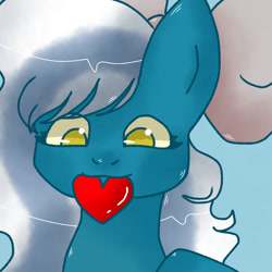 Size: 1280x1280 | Tagged: safe, artist:wolfez06, imported from derpibooru, oc, oc:fleurbelle, alicorn, adorabelle, alicorn oc, blue background, bow, cute, female, hair bow, happy, heart, horn, mare, mouth hold, ocbetes, simple background, wings, yellow eyes