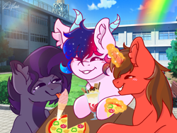 Size: 1024x768 | Tagged: safe, artist:delfinaluther, imported from derpibooru, oc, oc:delfina, oc:enmity, oc:miky command, alicorn, pegasus, pony, unicorn, eating, food, friends, horns, ice cream, magic, pizza, rainbow, trio