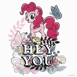 Size: 1080x1080 | Tagged: safe, artist:mylittleponyjpn, imported from derpibooru, part of a set, pinkie pie, butterfly, earth pony, pony, flower, instagram, official, simple background, solo, white background