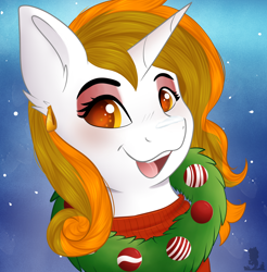 Size: 1880x1912 | Tagged: safe, artist:monsoonvisionz, imported from derpibooru, oc, oc only, oc:aurora shinespark, unicorn, christmas, clothes, ear piercing, earring, eyeshadow, female, holiday, jewelry, looking at you, makeup, mare, no source available, ornament, piercing, simple background, sweater, watermark, wreath