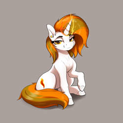 Size: 3200x3200 | Tagged: safe, artist:aquaticvibes, imported from derpibooru, oc, oc only, oc:aurora shinespark, pony, unicorn, ear piercing, earring, female, fire, jewelry, looking at you, magic, mare, no source available, piercing, raised hoof, simple background, sitting, smug