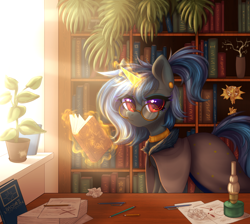 Size: 2900x2600 | Tagged: safe, artist:avrameow, imported from derpibooru, oc, oc only, oc:nebula flare, unicorn, book, bookshelf, clothes, desk, ear piercing, earring, eyebrows, eyebrows visible through hair, eyeshadow, freckles, glasses, glowing, glowing horn, horn, jewelry, lamp, looking at you, magic, makeup, neck rings, no source available, office, pen, piercing, plant pot, ponytail, potted plant, robe, shading, sunlight, telekinesis, window