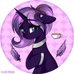 Size: 2000x2000 | Tagged: safe, artist:fluffywhirlpool, imported from derpibooru, oc, oc only, oc:tenebris flux, pony, unicorn, cup, ear piercing, earring, ears back, eyebrows, eyebrows visible through hair, female, freckles, horn, jewelry, looking at you, magic, mare, neck rings, piercing, ponytail, simple background, teacup, telekinesis, unicorn oc