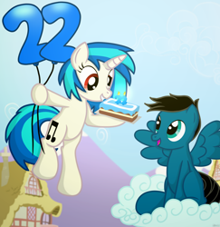 Size: 7528x7740 | Tagged: safe, artist:agkandphotomaker2000, imported from derpibooru, dj pon-3, vinyl scratch, oc, oc:pony video maker, pegasus, pony, unicorn, balloon, balloon shaped numbers, birthday, birthday cake, blurry background, cake, candle, canon x oc, cloud, complex background, female, food, holding on, houses, looking up, male, mountain, ponyville, red eyes, shipping, show accurate, sitting, spread wings, straight, videoscratch, wings