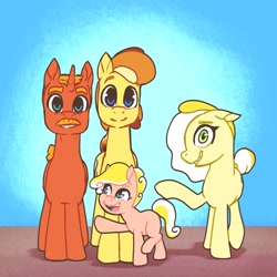 Size: 1200x1200 | Tagged: safe, artist:storyteller, imported from derpibooru, oc, oc only, oc:dippy, oc:hard boiled, oc:omelette, oc:sunny side, earth pony, pony, unicorn, facial hair, family, female, filly, foal, looking at you, male, mare, moustache, nervous, smiling, stallion