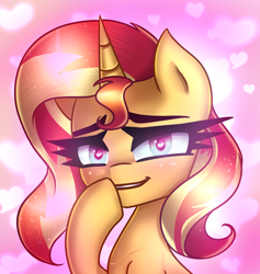 Size: 7200x7600 | Tagged: safe, artist:opal_radiance, imported from derpibooru, sunset shimmer, pony, unicorn, equestria girls, absurd resolution, commission, female, grin, heart, heart background, heart eyes, hoof on chin, looking at you, mare, smiling, smiling at you, solo, wingding eyes, ych result