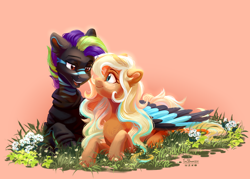 Size: 3576x2560 | Tagged: safe, artist:teaflower300, imported from derpibooru, oc, oc only, earth pony, pegasus, pony, colored wings, duo, eye contact, grass, high res, looking at each other, looking at someone, lying down, oc name needed, open mouth, orange background, orange coat, prone, signature, simple background, teeth, two toned mane, two toned wings, wings