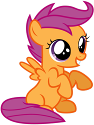 Size: 2121x2828 | Tagged: safe, artist:rainbowderp98, imported from derpibooru, scootaloo, pegasus, pony, .ai available, .svg available, cute, cutealoo, female, filly, foal, full body, grin, high res, hooves, purple eyes, simple background, sitting, small wings, smiling, solo, spread wings, transparent background, vector, wings