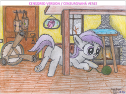 Size: 1997x1497 | Tagged: safe, artist:vovi, imported from derpibooru, ruby pinch, titania, earth pony, pony, 5-year-old, behaving like a cat, butt, cute, dock, female, filly, fireplace, foal, g4, happy, playing, plot, raised tail, snow, snowfall, solo, tail, titaniabetes, yarn, yarn ball