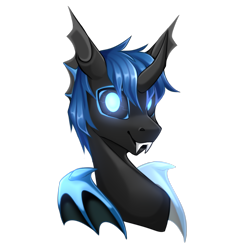 Size: 3543x3543 | Tagged: safe, artist:buvanybu, imported from derpibooru, oc, oc only, oc:w. rhinestone eyes, changeling, blue changeling, bust, changeling oc, fangs, grin, high res, portrait, simple background, smiling, solo, transparent background