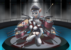 Size: 3508x2480 | Tagged: safe, artist:hugo231929, imported from derpibooru, earth pony, pony, azur lane, battleship, cannon, chair, clothes, crossed legs, crossover, female, german, gun, high res, looking at you, machine, military, military pony, military uniform, parody, ponified, sitting, smiling, smiling at you, solo, tirpitz, uniform, weapon