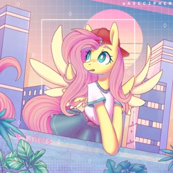 Size: 2480x2480 | Tagged: safe, artist:wavecipher, imported from derpibooru, fluttershy, pegasus, pony, 90s grunge fluttershy, backwards ballcap, baseball cap, cap, city, cityscape, clothes, cute, daaaaaaaaaaaw, eyebrows, eyebrows visible through hair, female, hat, high res, mare, open mouth, shirt, shyabetes, skirt, solo, spread wings, t-shirt, white pupils, wings