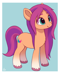 Size: 810x1000 | Tagged: safe, artist:luminousdazzle, imported from derpibooru, sunny starscout, earth pony, pony, abstract background, alternate hairstyle, chest fluff, coat markings, cute, female, full body, g5, hooves, looking up, loose hair, mare, my little pony: a new generation, smiling, socks (coat markings), solo, standing, sunnybetes, tail, teal eyes, three quarter view, two toned mane, two toned tail, unkempt mane, unshorn fetlocks