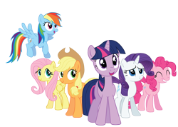 Size: 2500x1781 | Tagged: safe, artist:rainbowderp98, imported from derpibooru, applejack, fluttershy, pinkie pie, rainbow dash, rarity, twilight sparkle, earth pony, pegasus, pony, unicorn, ^^, applejack's hat, blue eyes, cowboy hat, eyes closed, female, flying, folded wings, green eyes, grin, hat, high res, hooves, horn, mane six, mare, multicolored mane, open mouth, open smile, pink mane, purple eyes, simple background, smiling, spread wings, standing, teal eyes, transparent background, unicorn twilight, vector, wings