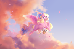 Size: 3000x2000 | Tagged: safe, artist:sparkling_light, imported from derpibooru, oc, oc only, oc:bay breeze, pegasus, pony, basket, bow, cloud, colored wings, cute, female, flower, flying, gradient wings, hair bow, high res, looking at you, mare, ocbetes, outdoors, pegasus oc, petals, pretty, sky, smiling, smiling at you, solo, spread wings, tail, tail bow, wings