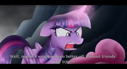 Size: 1024x558 | Tagged: safe, artist:kimmyartmlp, imported from derpibooru, pinkie pie, twilight sparkle, alicorn, earth pony, pony, my little pony: the movie, angry, duo, female, glowing, glowing horn, horn, open mouth, scene interpretation, subtitles, twilight sparkle (alicorn), yelling